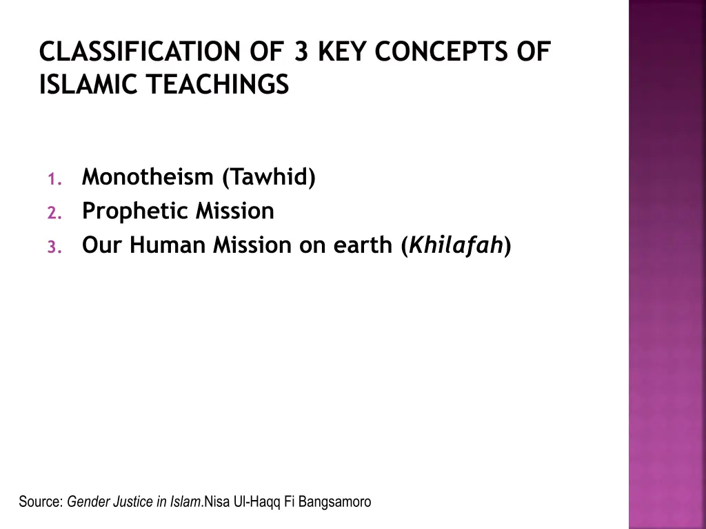 classification of 3 key concepts of islamic