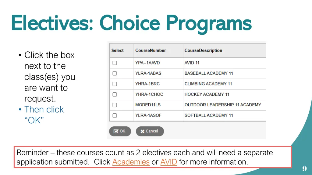 electives choice programs electives choice