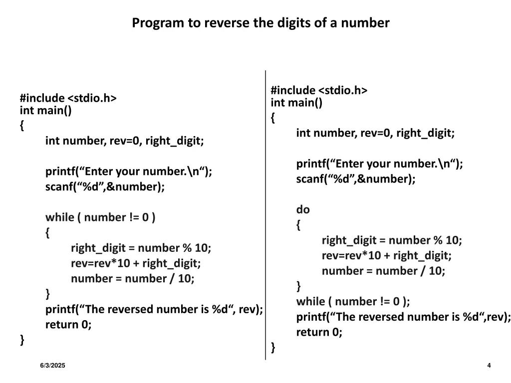 program to reverse the digits of a number