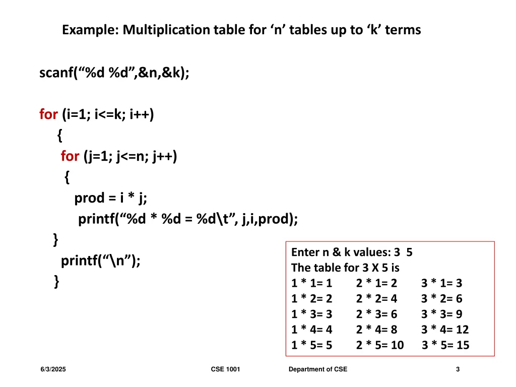 example multiplication table for n tables