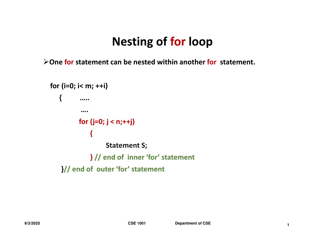 nesting of for loop