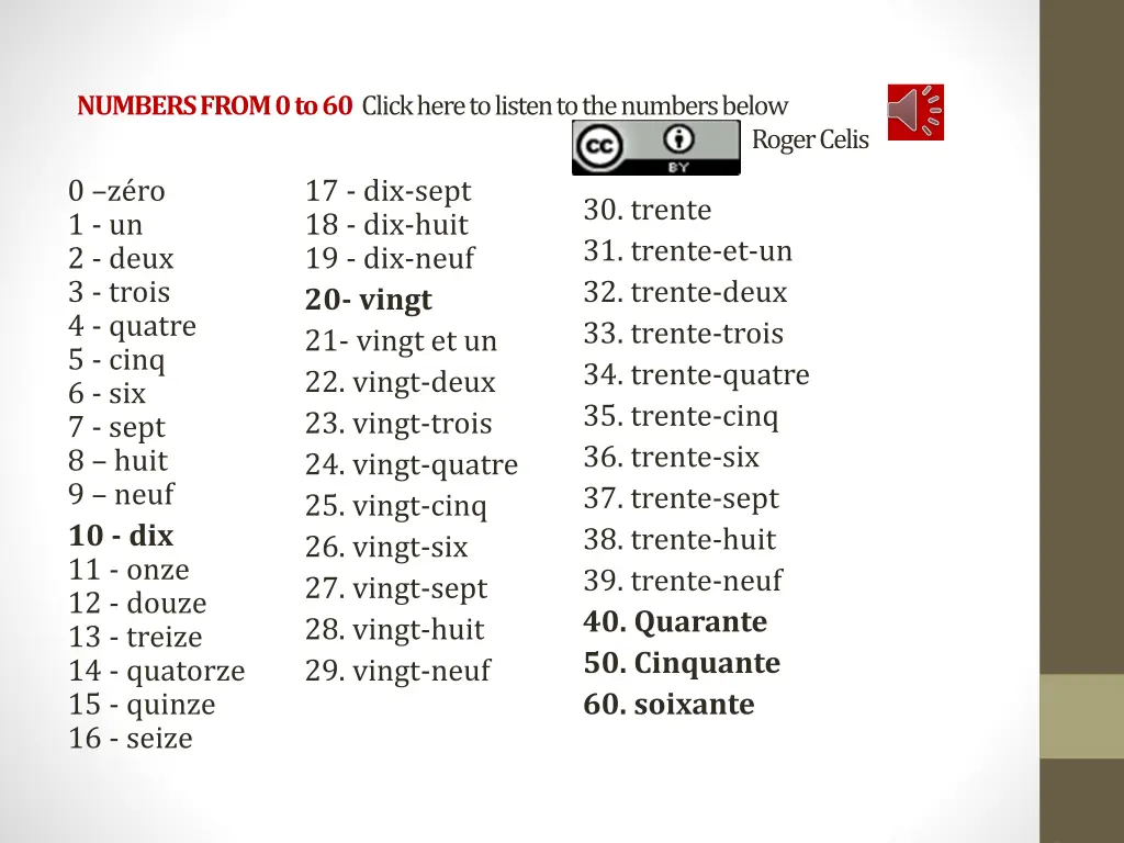 numbers from 0 to 60 click here to listen