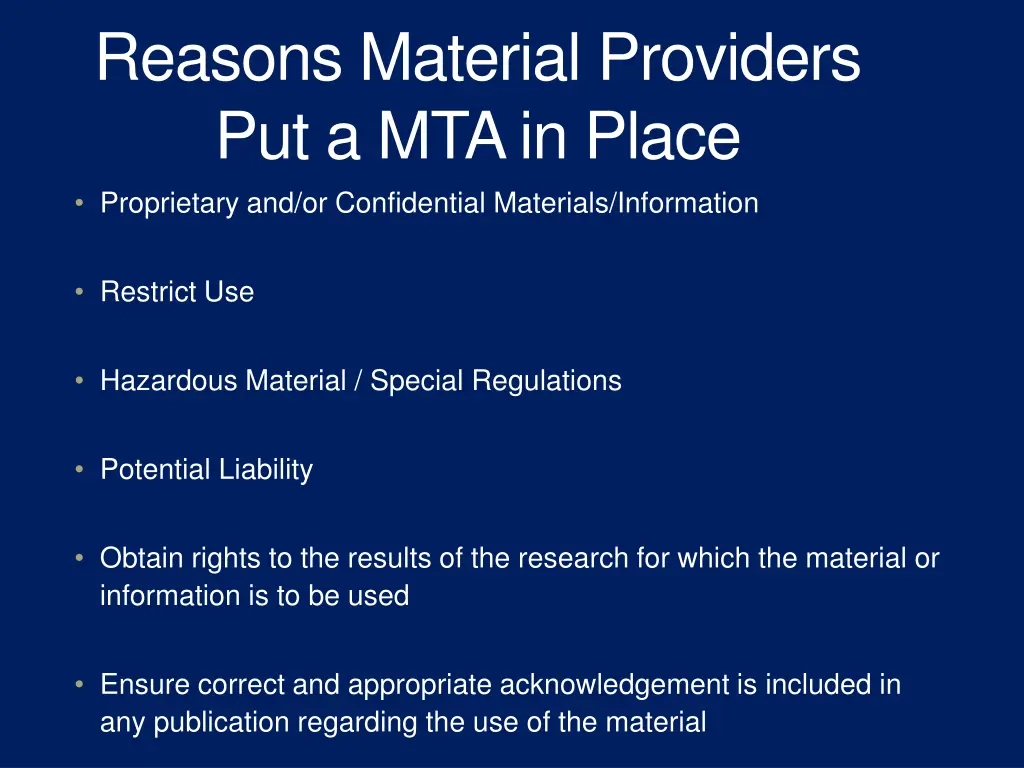 reasons material providers put a mta in place