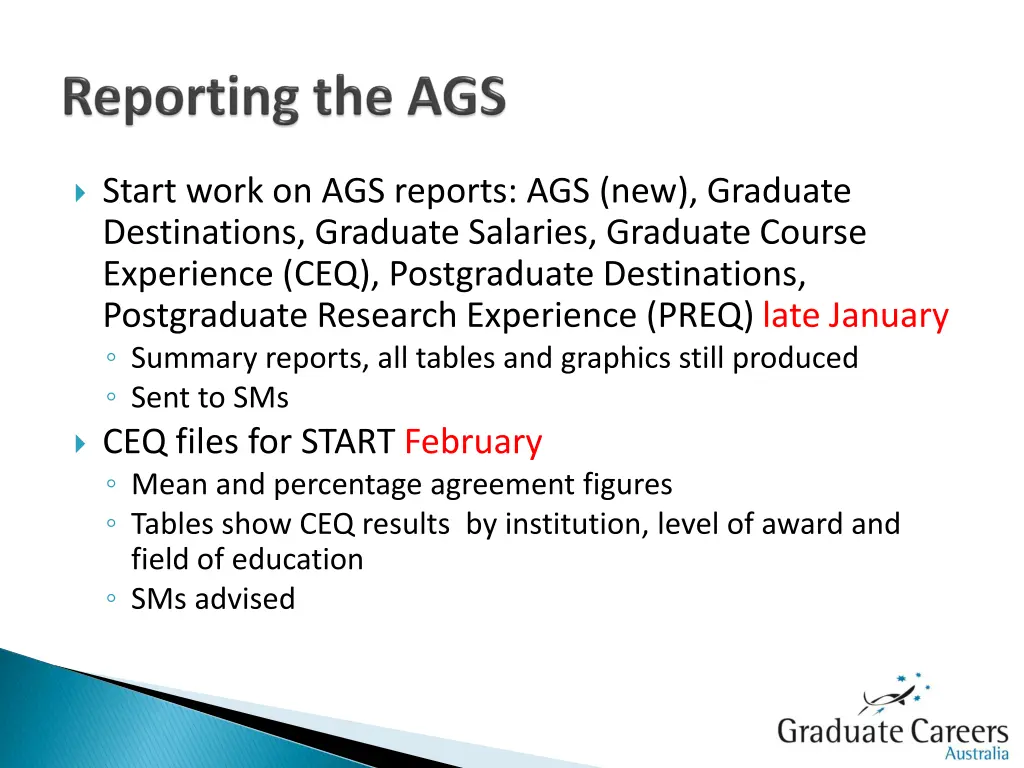start work on ags reports ags new graduate