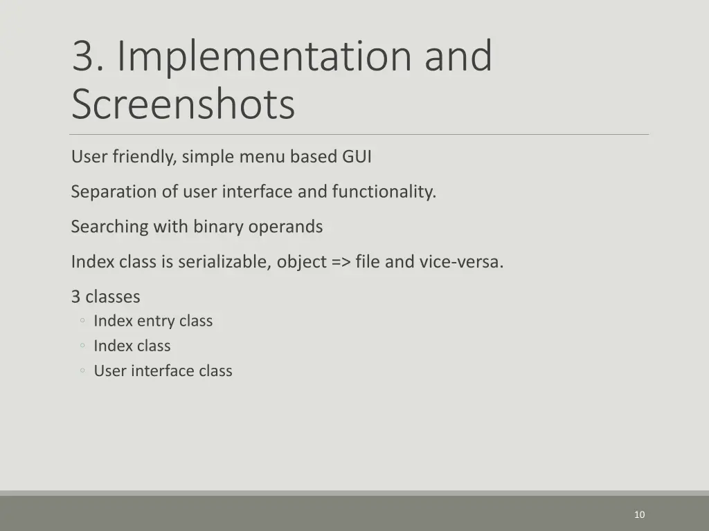 3 implementation and screenshots