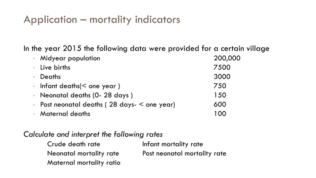 application mortality indicators