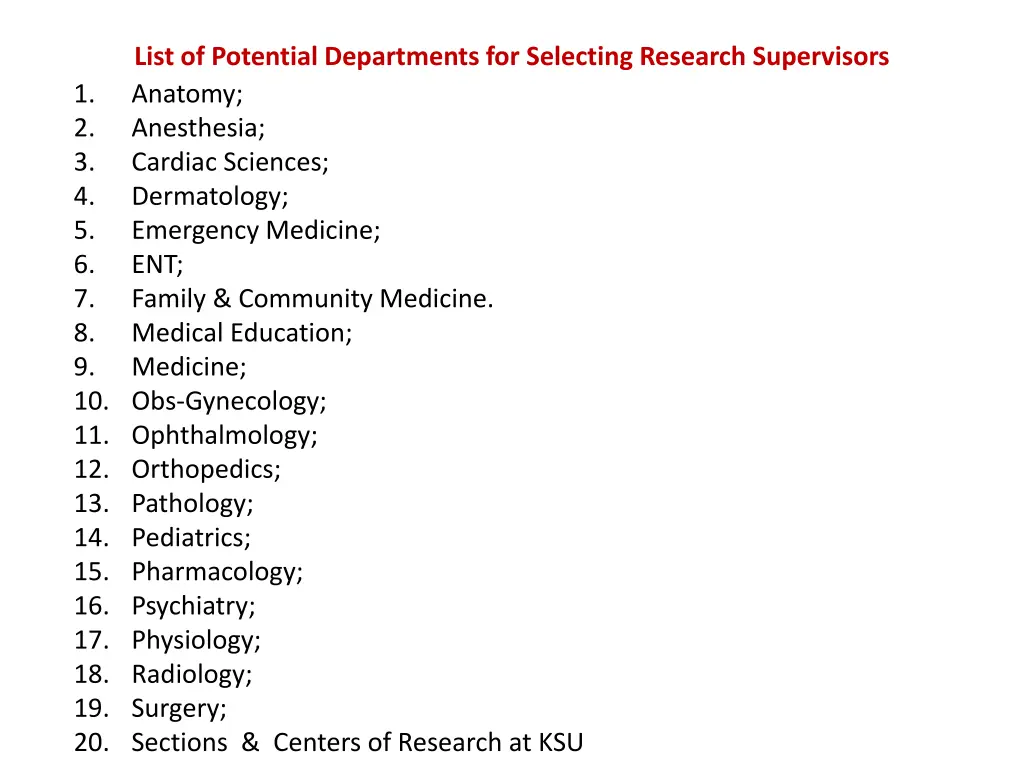 list of potential departments for selecting