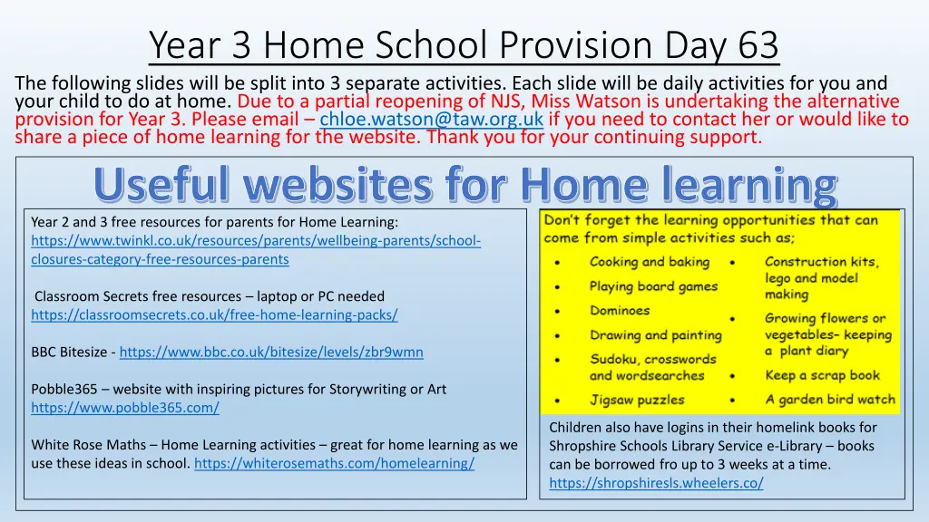 year 3 home school provision day 63 the following