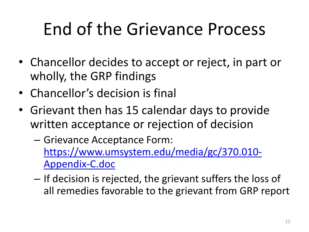 end of the grievance process