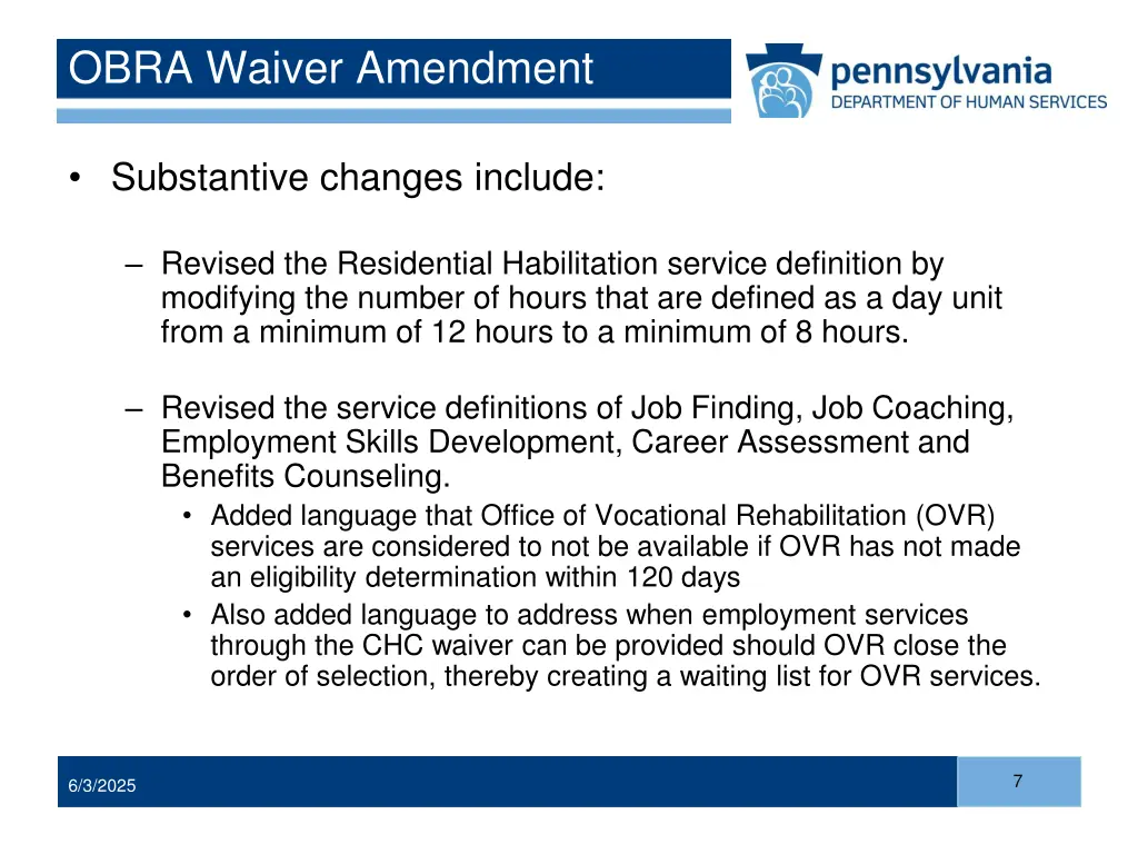 obra waiver amendment