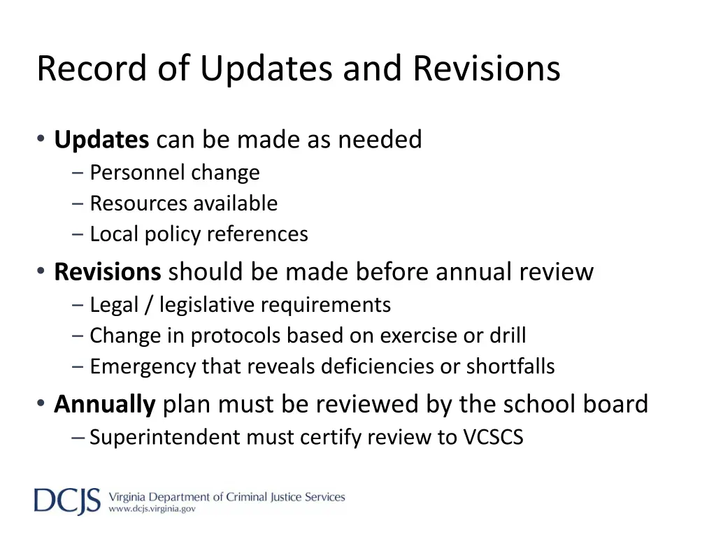 record of updates and revisions