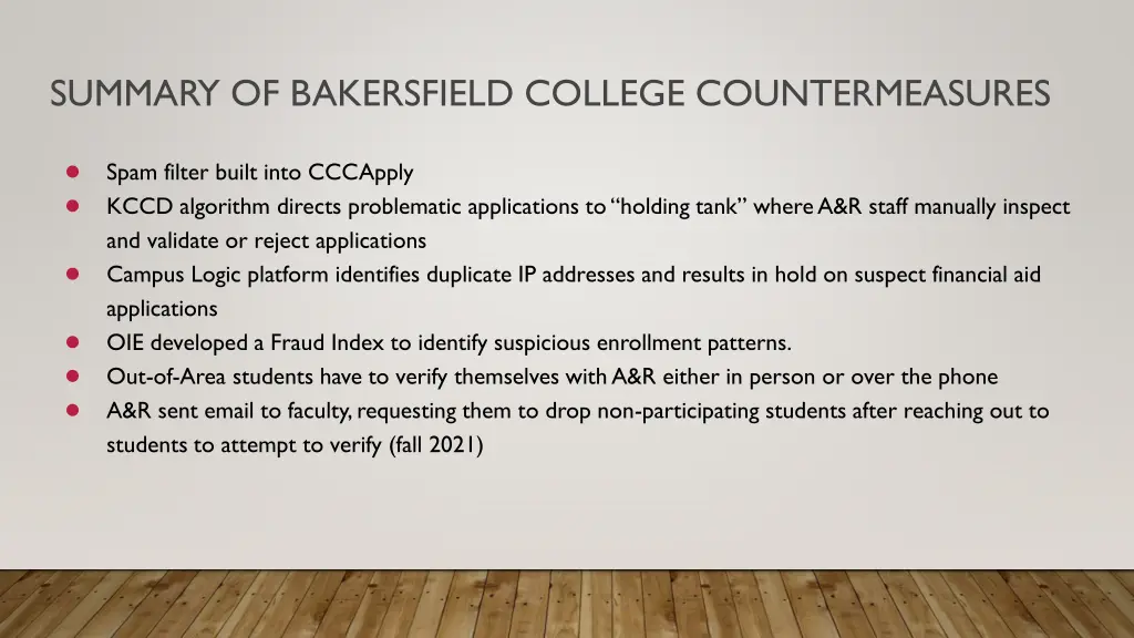 summary of bakersfield college countermeasures