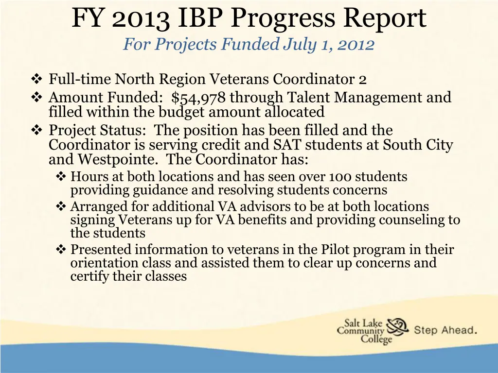 fy 2013 ibp progress report for projects funded