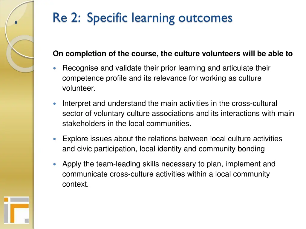 re 2 specific learning outcomes