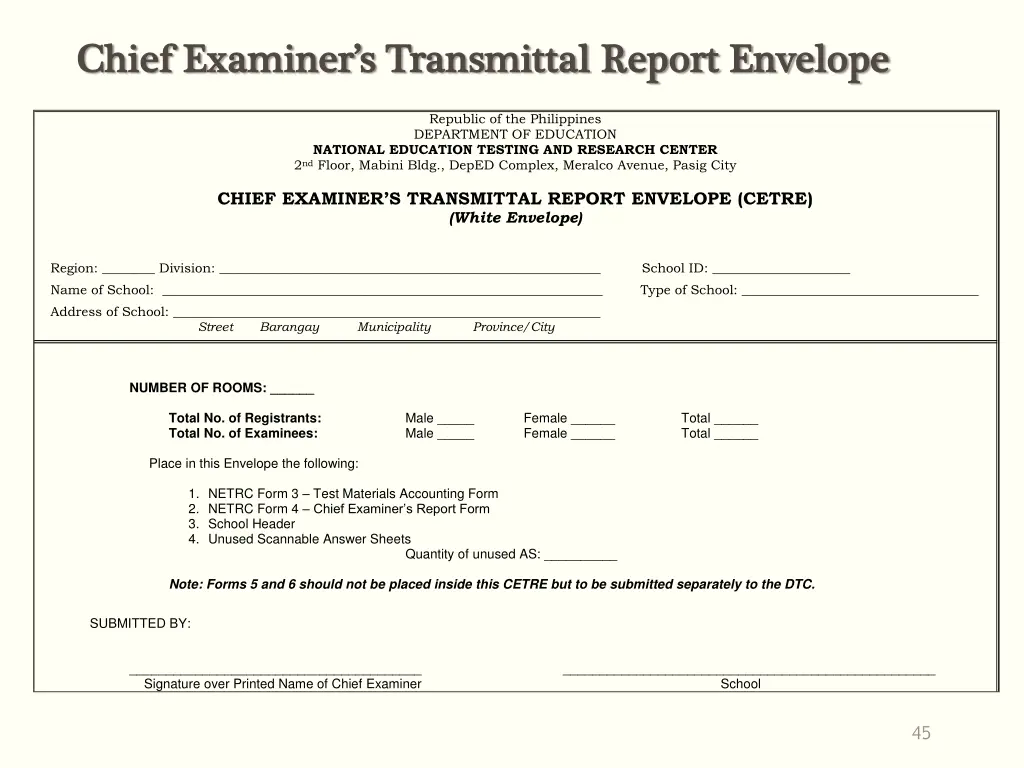 chief examiner s transmittal report envelope