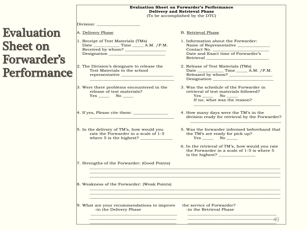 evaluation sheet on forwarder s performance