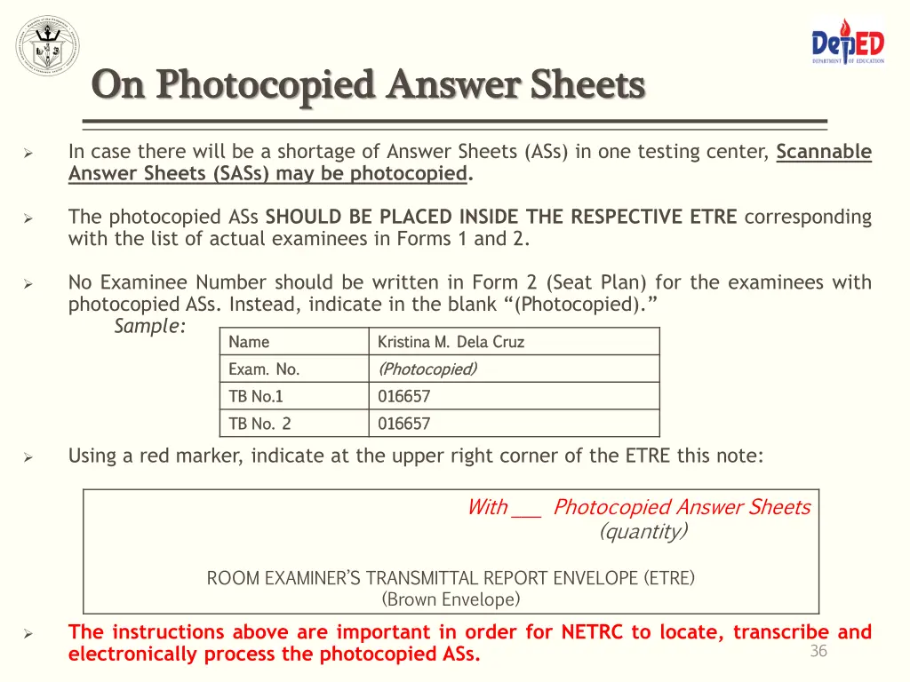 on photocopied answer sheets on photocopied
