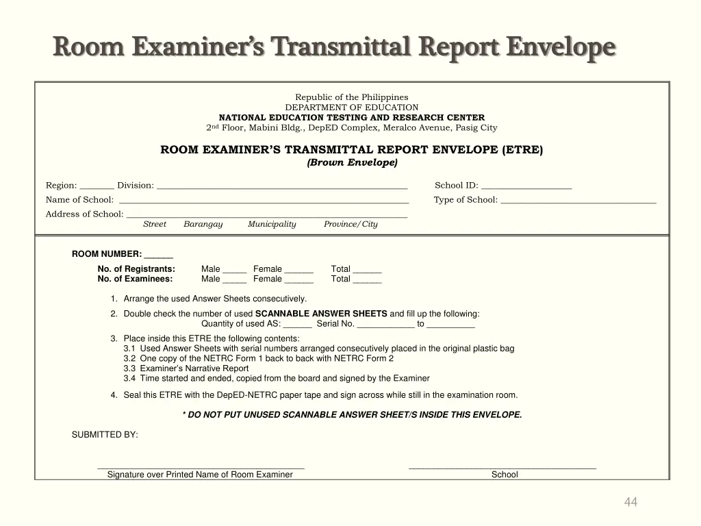 room examiner s transmittal report envelope room