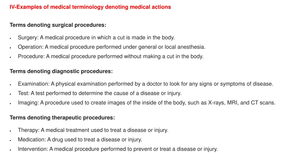 iv examples of medical terminology denoting