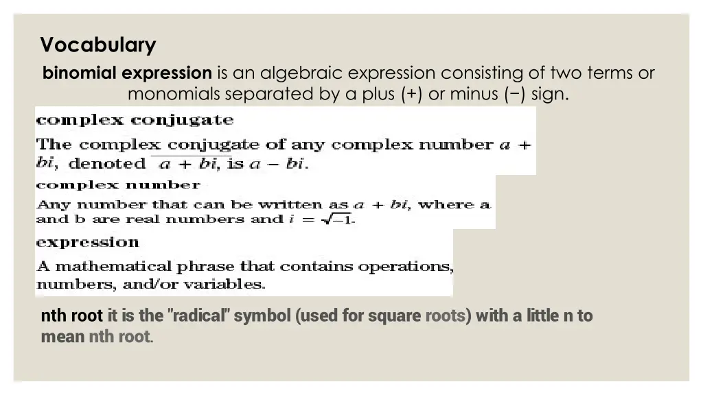 vocabulary binomial expression is an algebraic