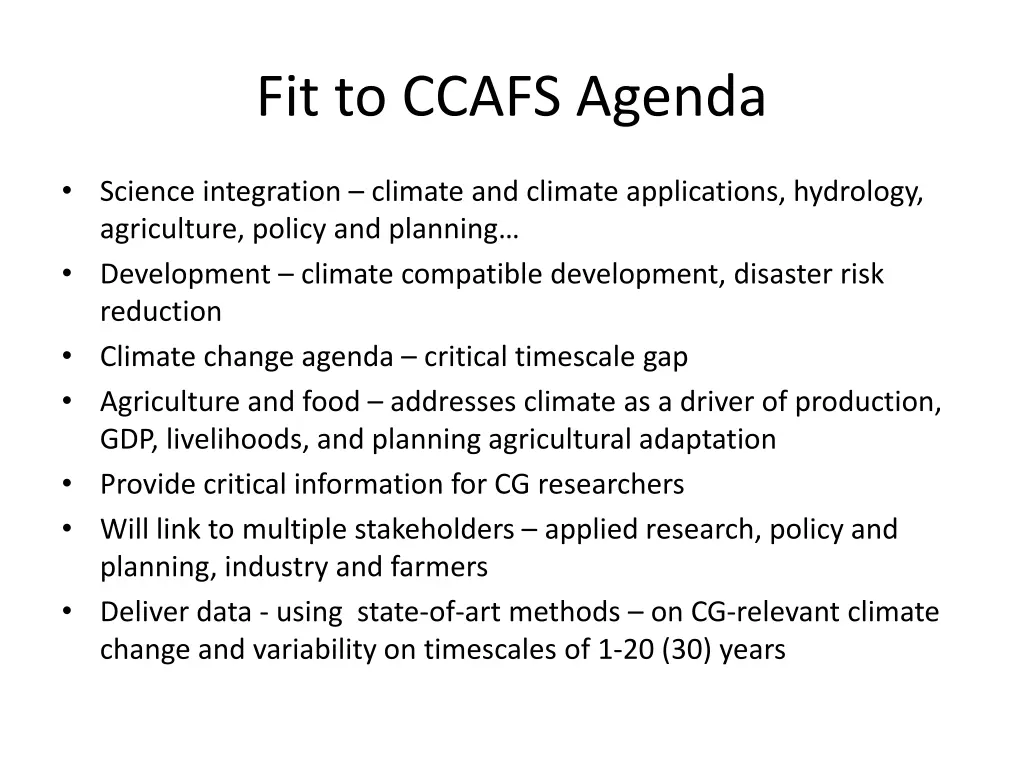 fit to ccafs agenda