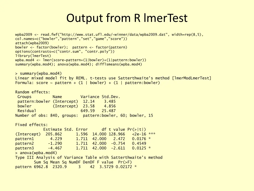 output from r lmertest