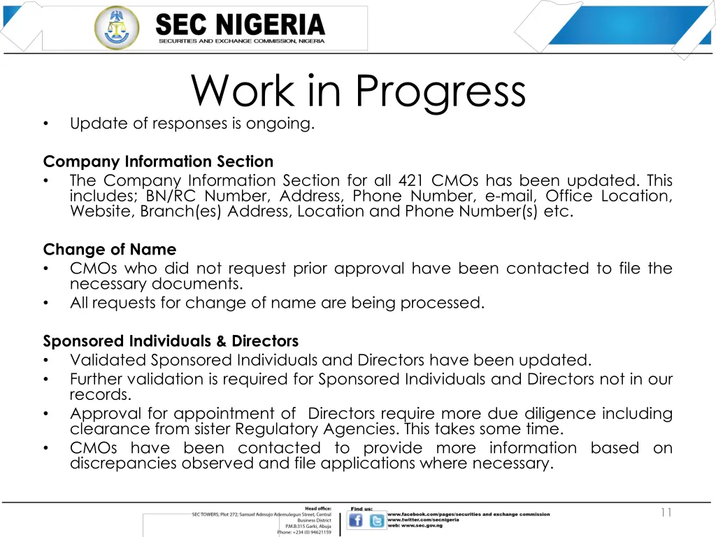 work in progress update of responses is ongoing