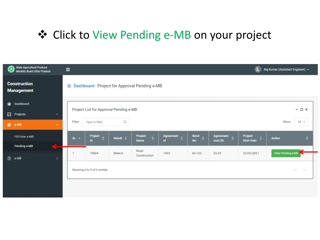 click to view pending e mb on your project