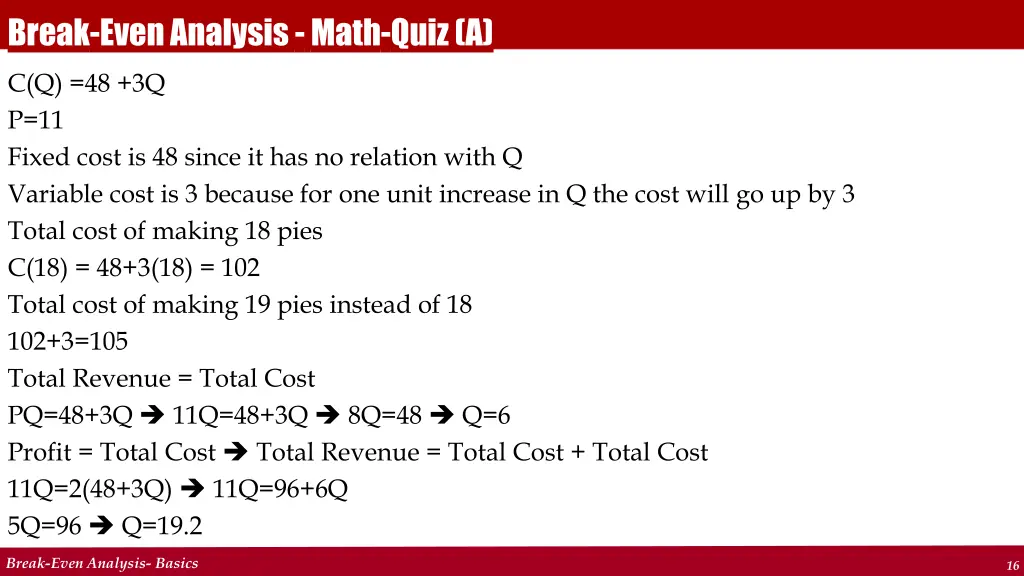 break even analysis math quiz a