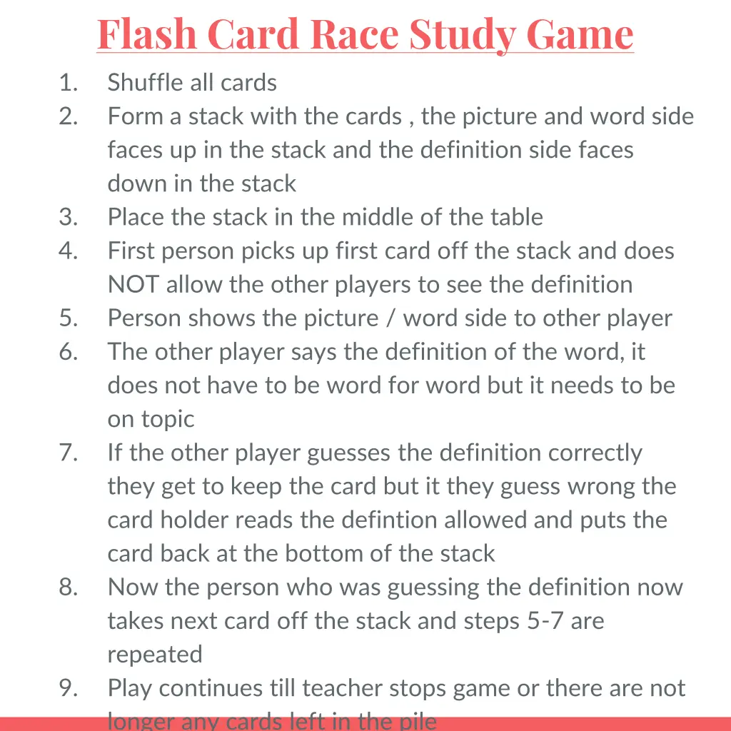 flash card race study game shuffle all cards form