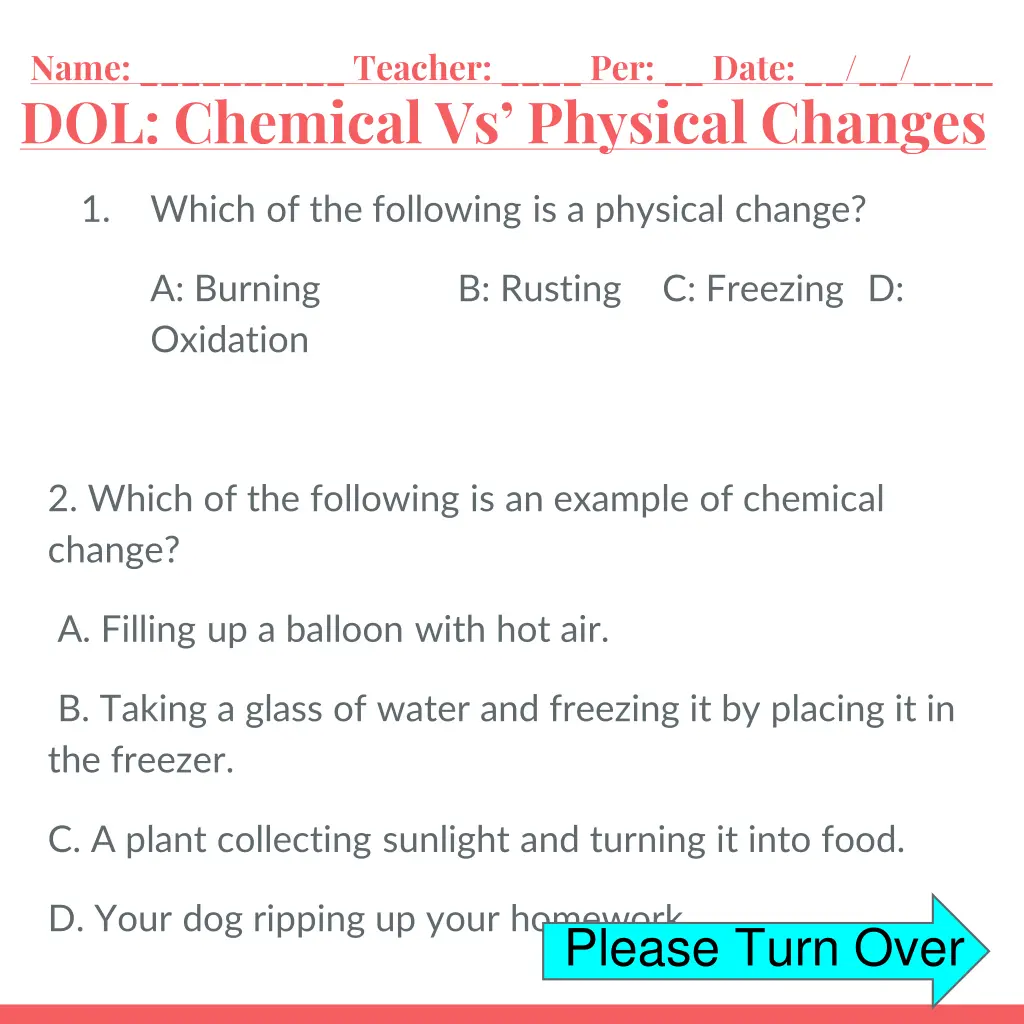 name teacher per date dol chemical vs physical