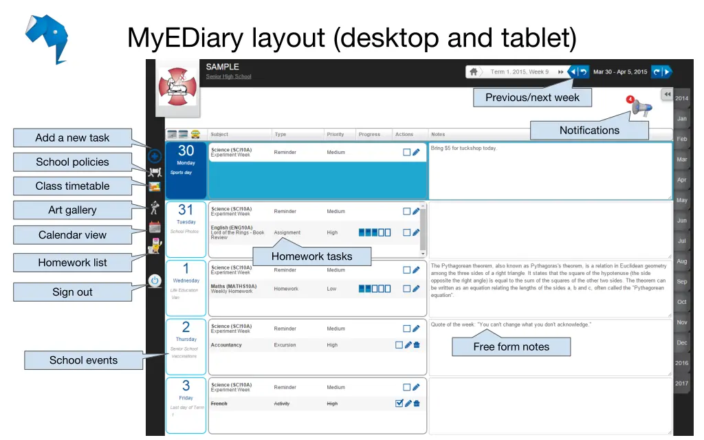 myediary layout desktop and tablet