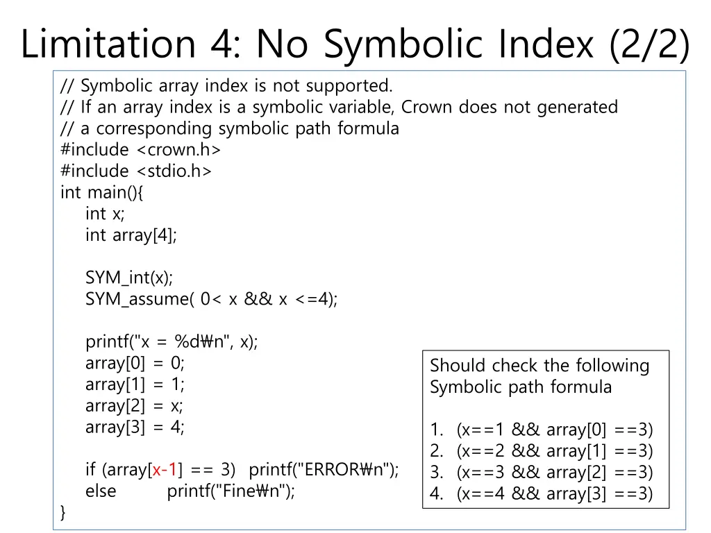 limitation 4 no symbolic index 2 2 symbolic array