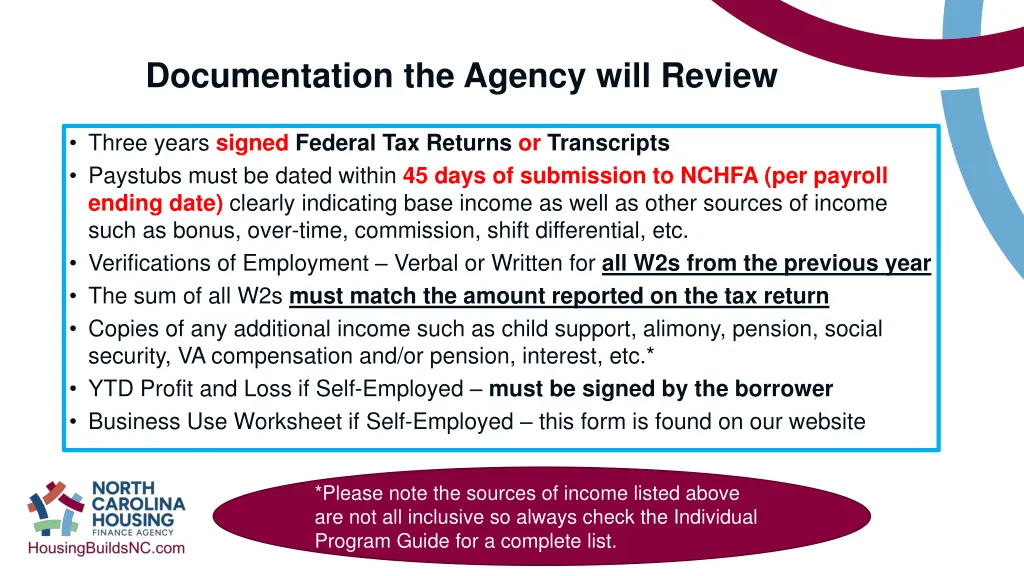 documentation the agency will review