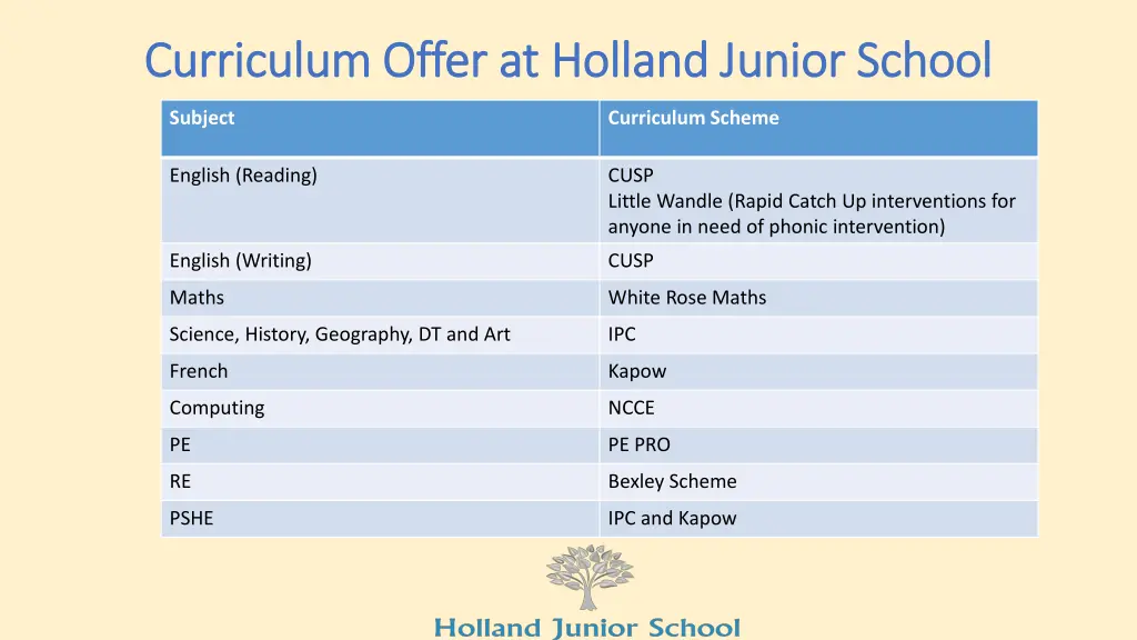 curriculum offer at holland junior school