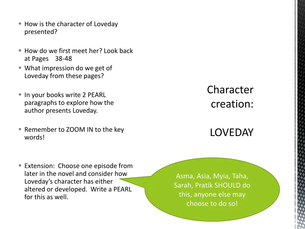 how is the character of loveday presented