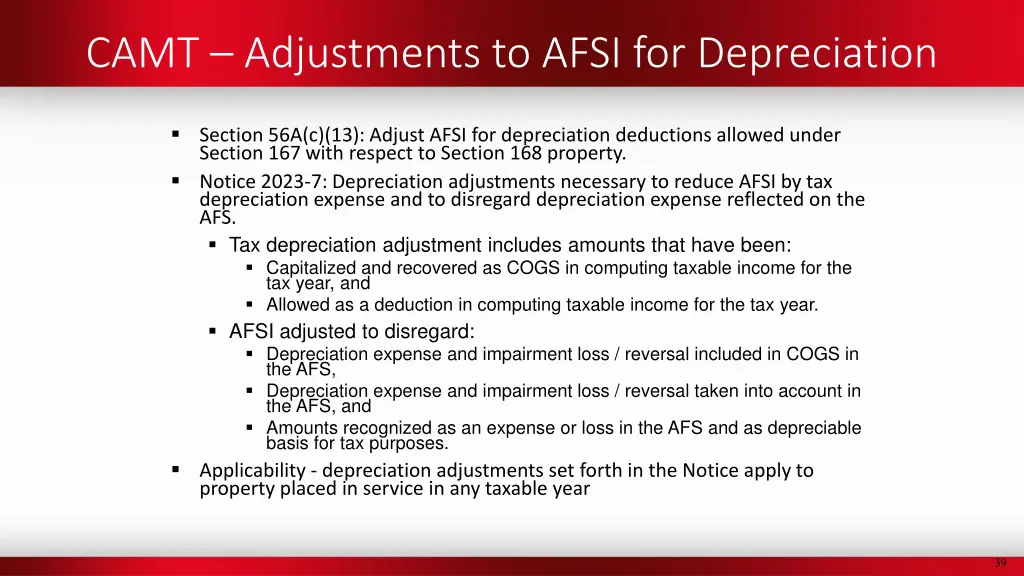 camt adjustments to afsi for depreciation