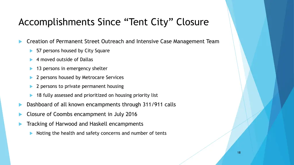 accomplishments since tent city closure