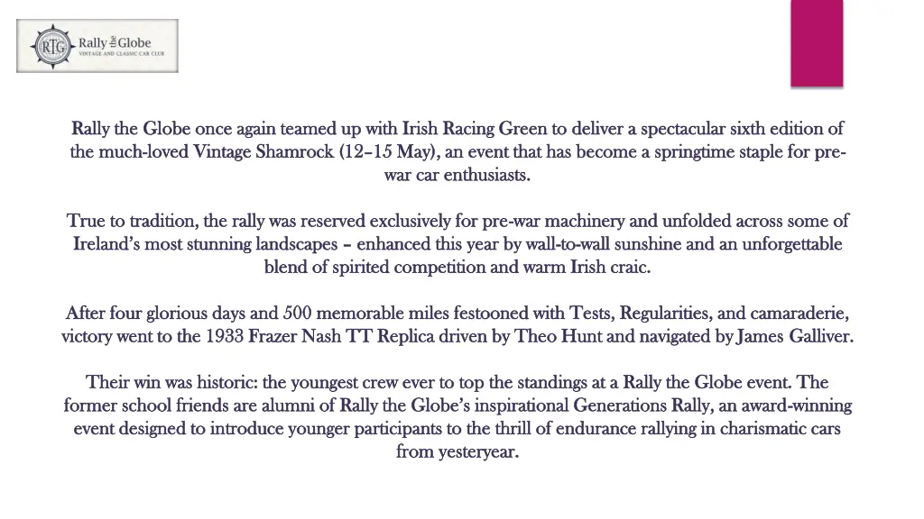 rally the globe once again teamed up with irish