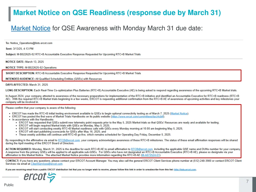 market notice on qse readiness response