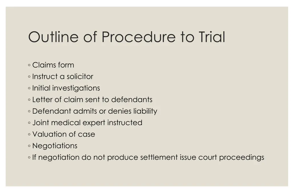 outline of procedure to trial 1