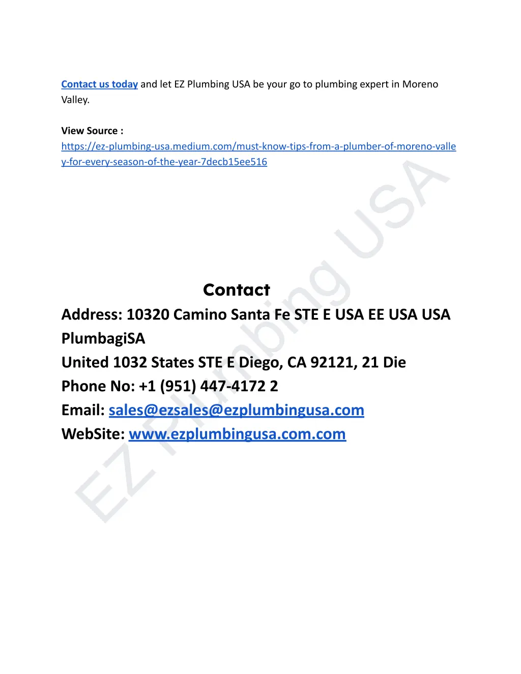 contact us today and let ez plumbing usa be your