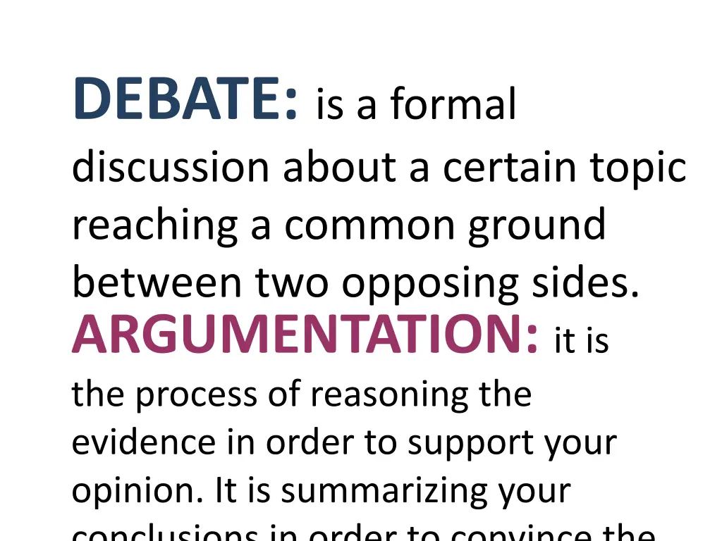 debate is a formal discussion about a certain