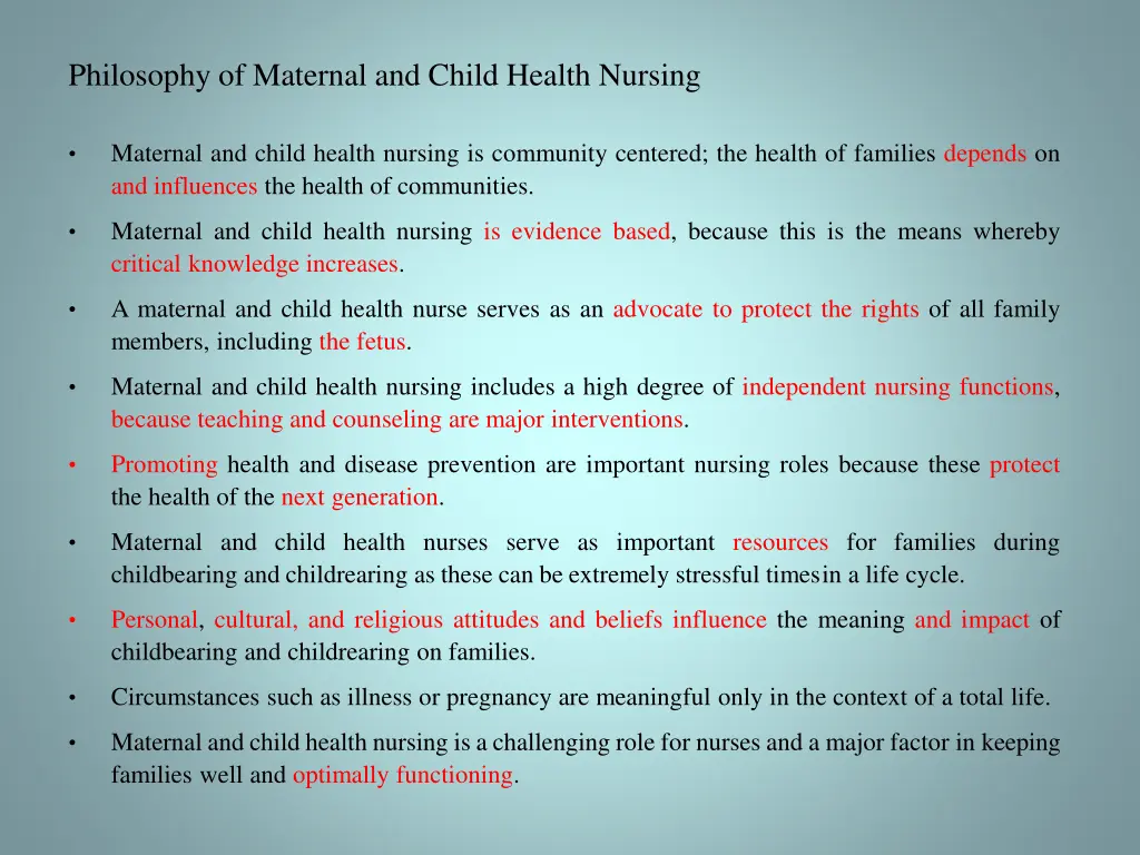 philosophy of maternal and child health nursing