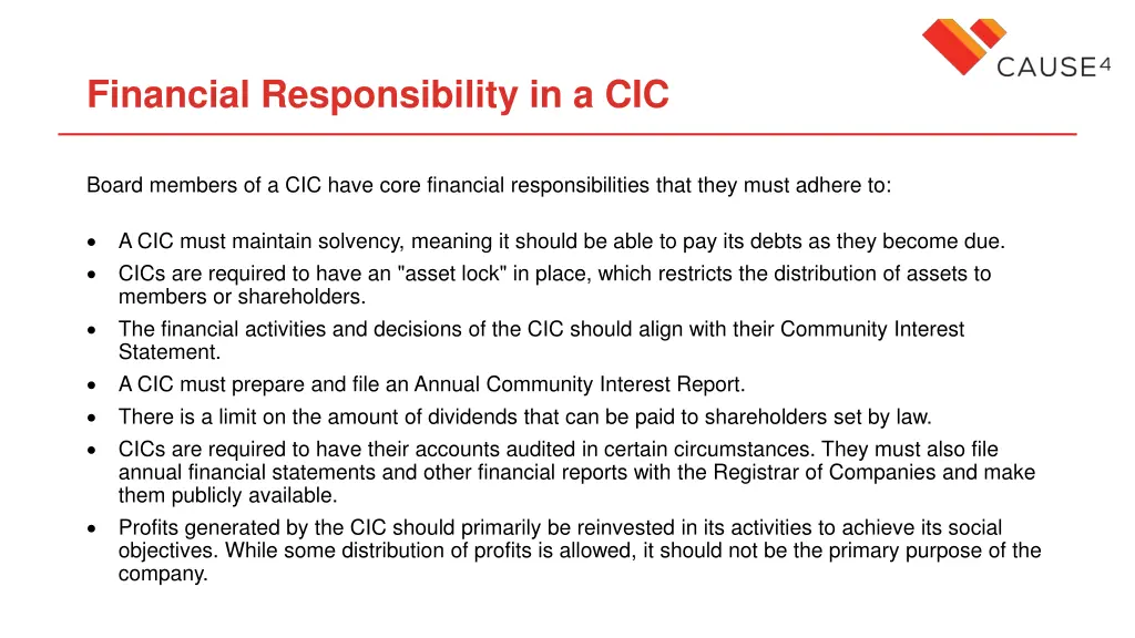 financial responsibility in a cic