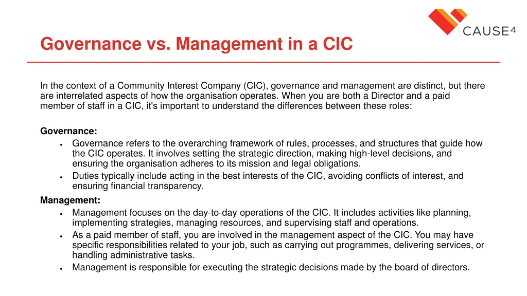 governance vs management in a cic