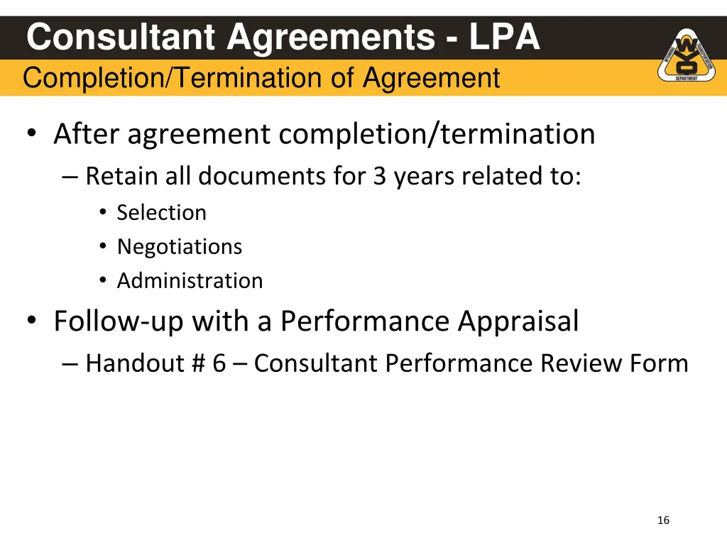 consultant agreements lpa completion termination