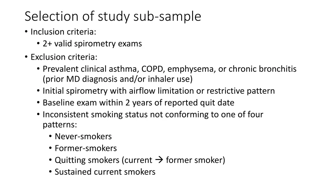 selection of study sub sample inclusion criteria