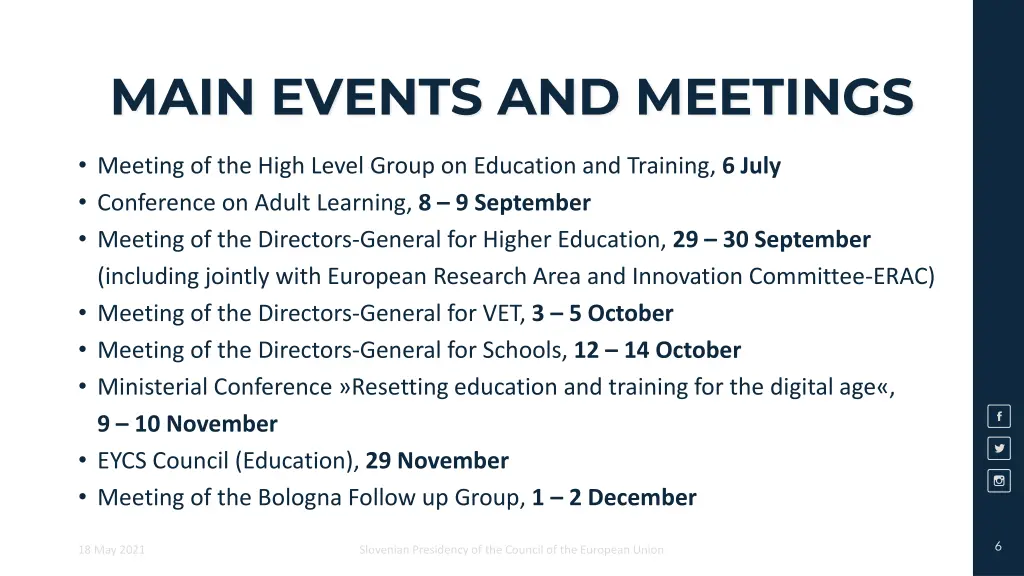 main events and meetings