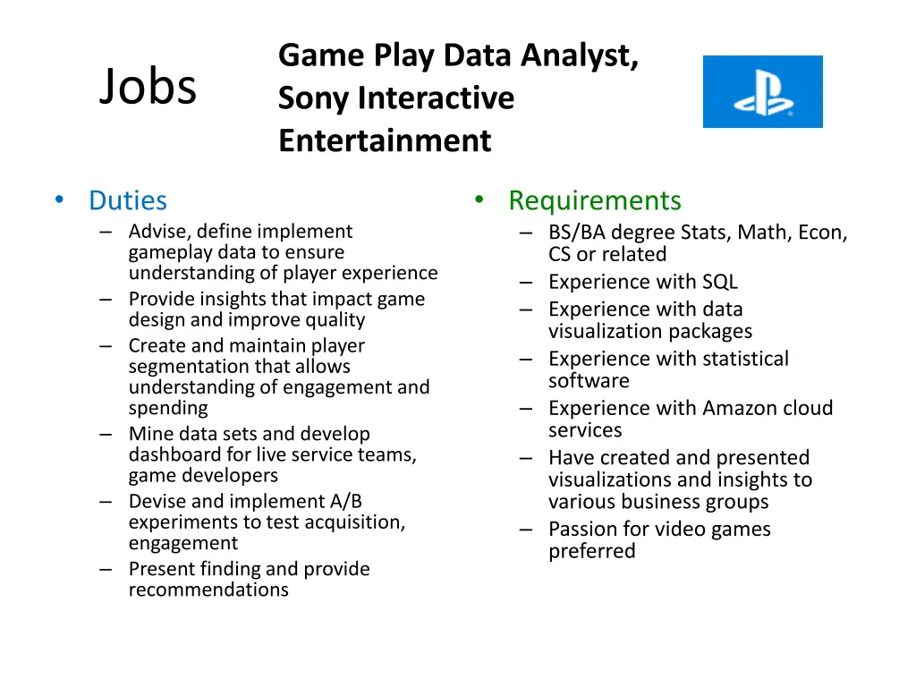 game play data analyst sony interactive